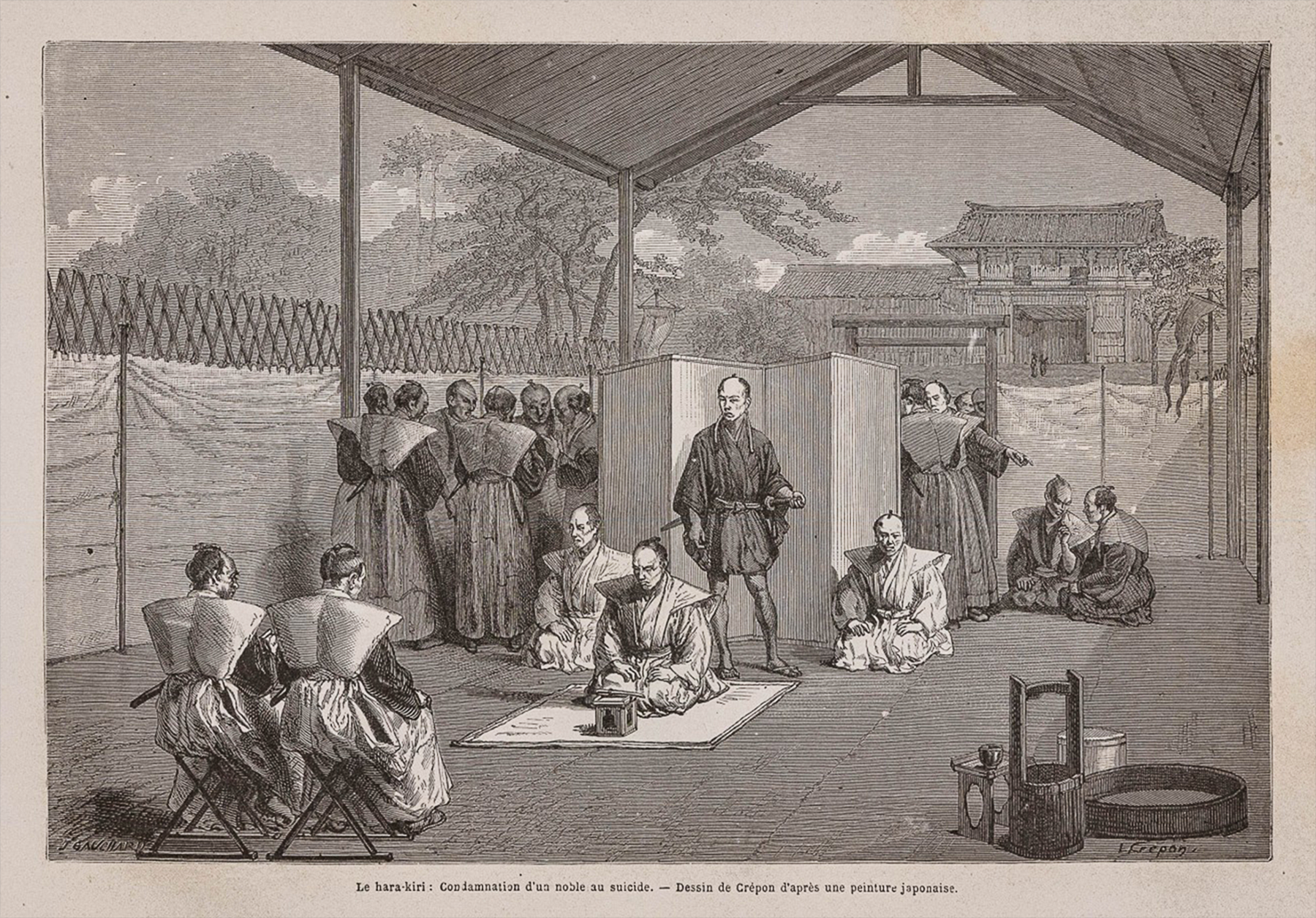 Ilustración de Crépon de 1867 de un samurái realizando seppuku